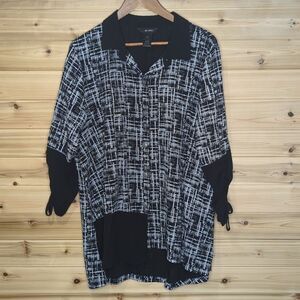 Ali Miles Top Womens Large Black White Patterned Button Front Blouse Art